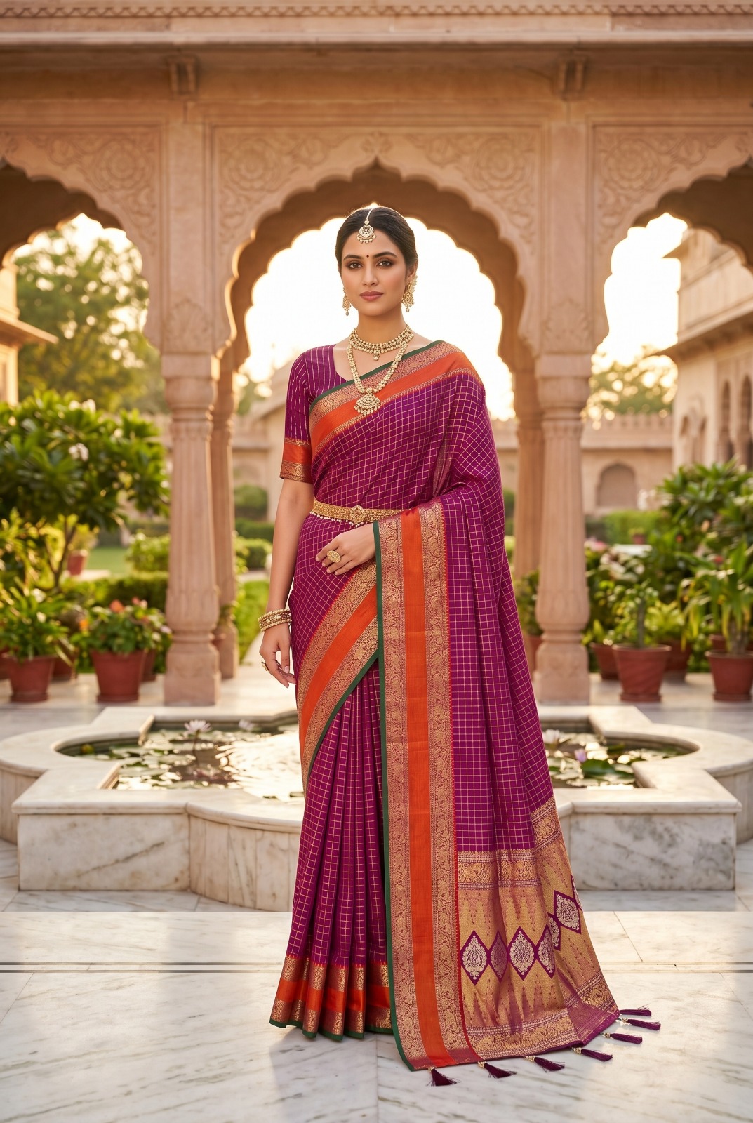 Deep Navy Blue with Magenta Pink Border Soft Kanchipuram Silk Saree